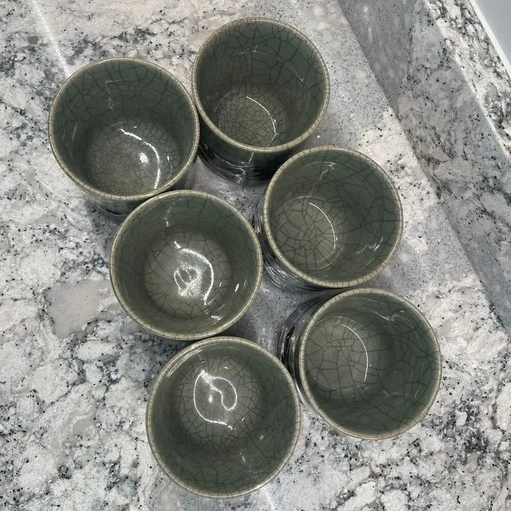 Vintage Somayaki Soma Ware Green Crackle Gold Horse Double Wall Mugs Set 6